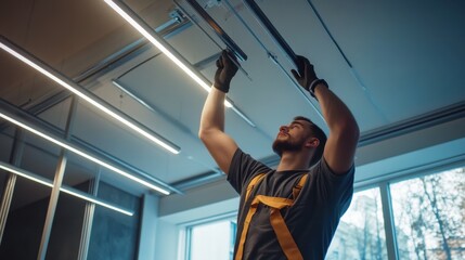 Electrician installing LED lighting in an office space. Featuring attention to detail and design