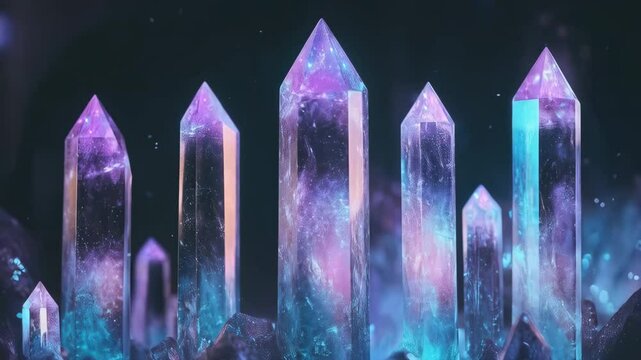 Mystical crystal quartz points glowing with purple and blue energy. Spiritual healing stones for meditation, chakra balancing, and new age practices.