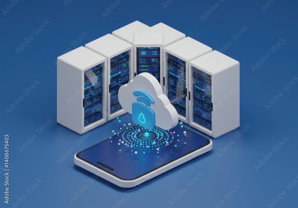 Poster isometric cloud data security with server racks and smartphone on a blue background concept render