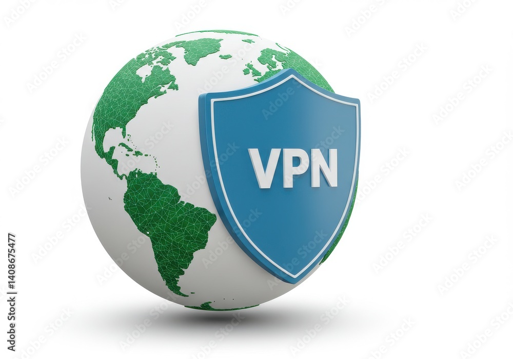 Poster globe featuring continents with a blue shield displaying the vpn letters in white color