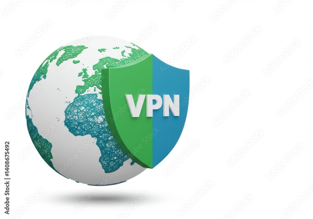 Poster globe with continents and a green and blue shield displaying the vpn letters in white color