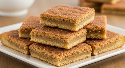 Fototapeta premium Delicious snickerdoodle bars piled high on a white platter, ready to indulge