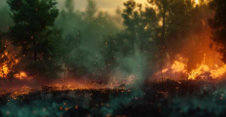 Obraz premium Dramatic generative AI rendering of a forest wildfire engulfing trees in flames. Ideal for illustrating environmental disasters, climate change, and emergency response.