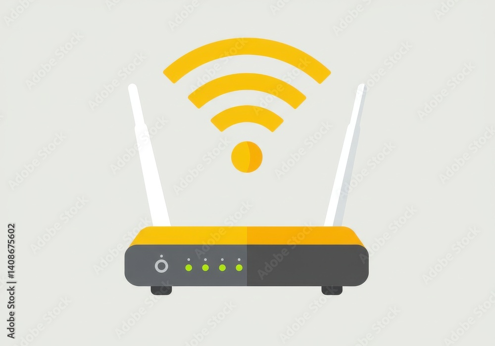 Poster illustration of a wifi router with antennas and indicator lights on a light gray background