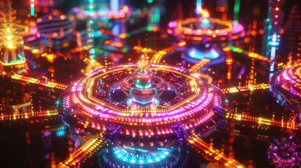 A glowing fractal mandala with vibrant neon colors