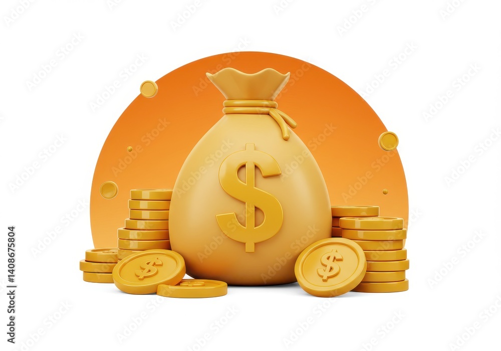 Poster a 3d rendering of a money bag with a dollar sign and stacks of coins on a white background