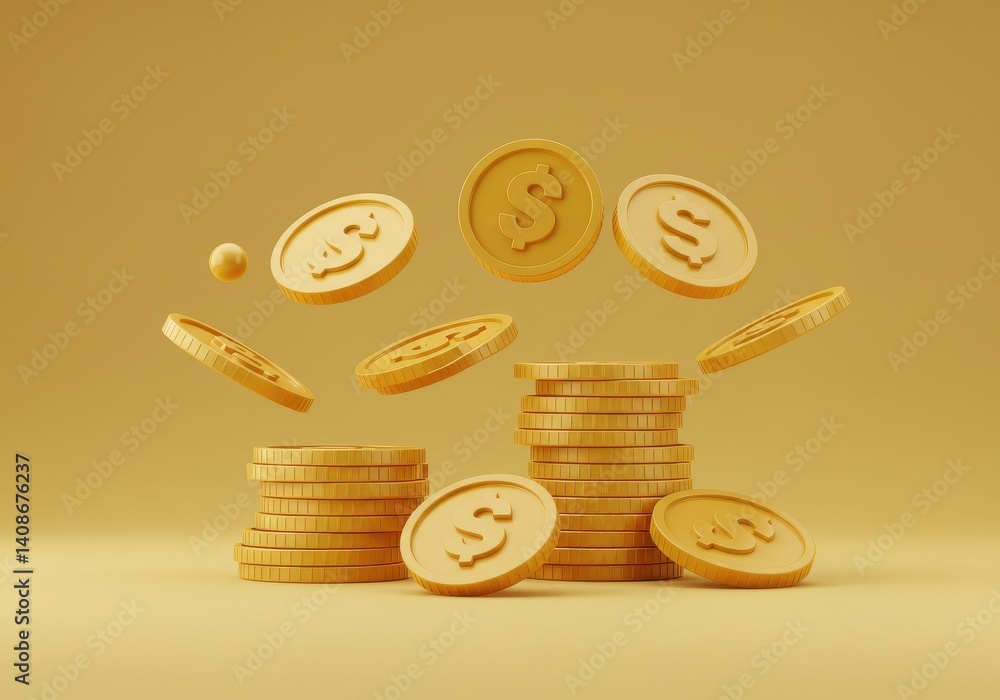 Poster stacks of gold coins with dollar and euro signs floating on a gold background in a 3d rendering