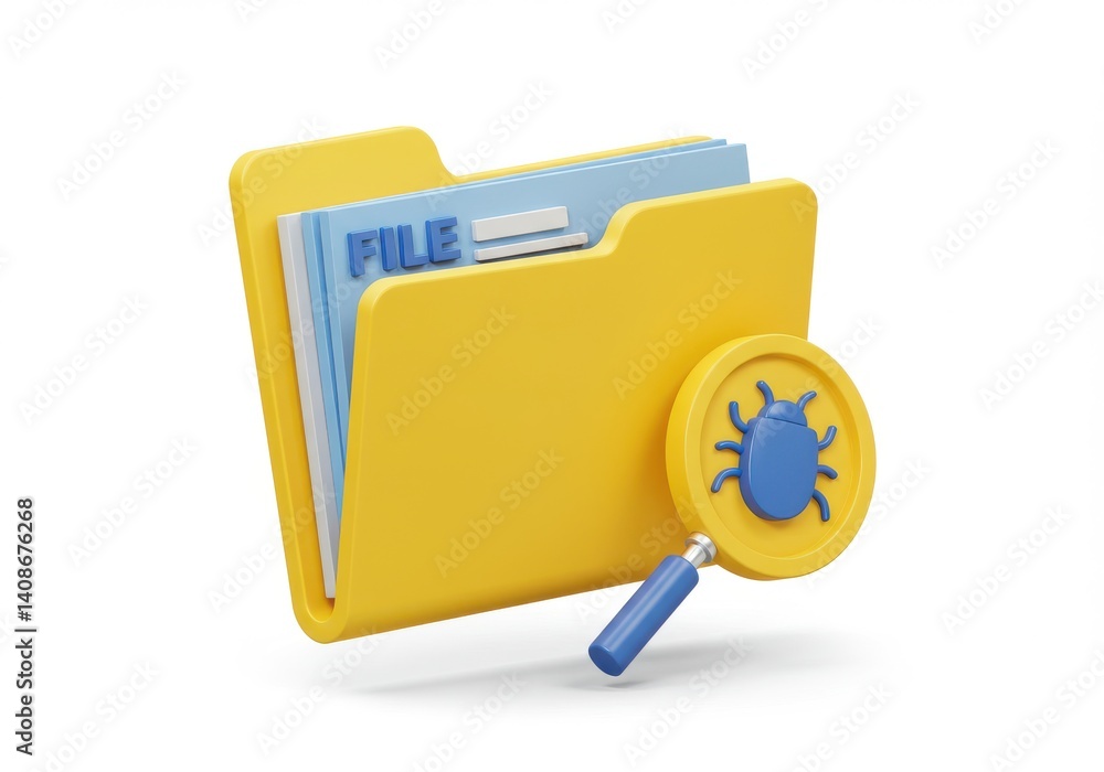 Poster a yellow folder with file inside and a blue bug on a magnifying glass on a white background view