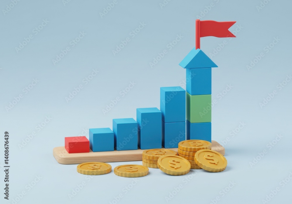 Poster a bar graph made of blocks with a flag on top and coins at the bottom on a light blue background