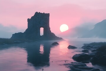 Obraz premium Ruined Tower, Pink Sunset, Misty Lake
