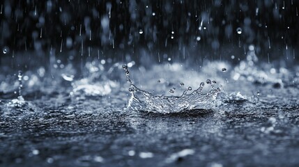 Mesmerizing close-up of raindrops impacting on a dark surface creating splash