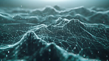Futuristic wireframe terrain made of network points and lines. Abstract visual for data, AI, and digital landscapes. Great for tech, science, and virtual environments.