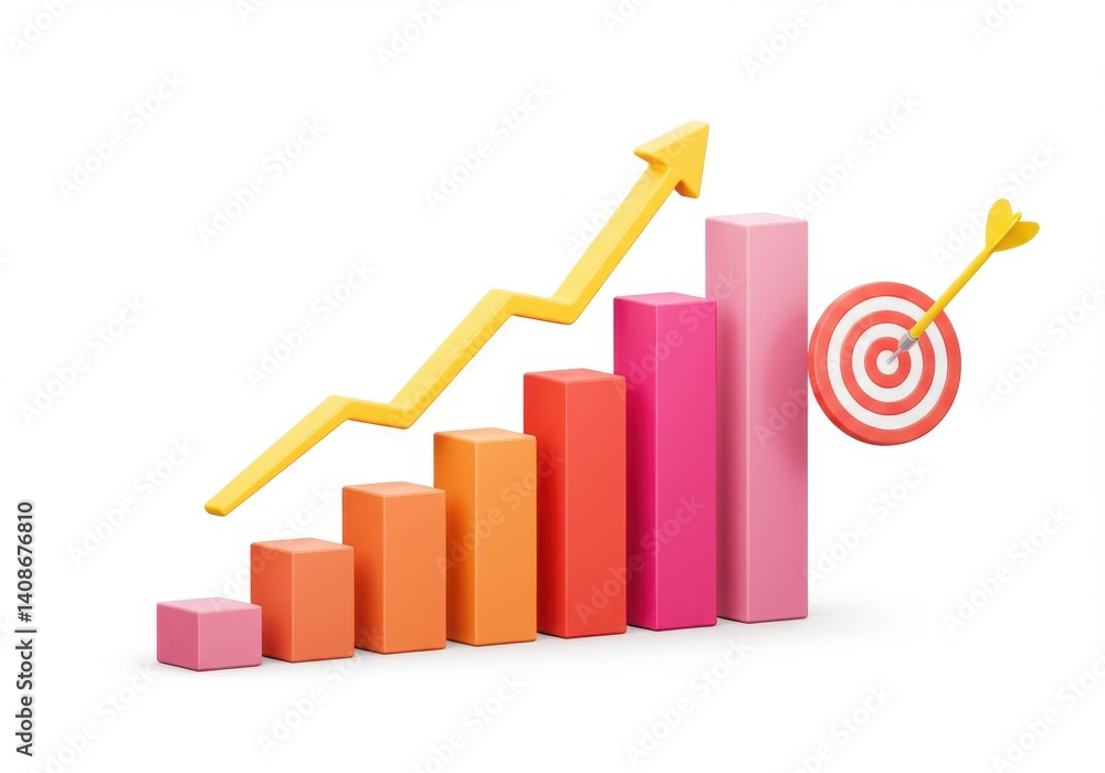 Poster colorful bar graph with a yellow arrow pointing upwards and a target with an arrow in it