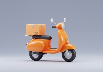 A cartoon orange scooter with a package on the seat against a light gray background studio shot