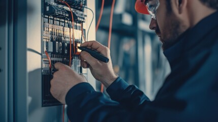 Electrician testing electrical panels in an industrial setting. Featuring technical precision and focus