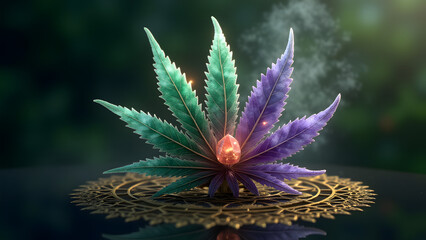 A mystical cannabis leaf talisman: amethyst veins, jade blade, moonstone trichomes. Gold mandala beneath.