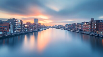 Fototapeta premium Sunrise cityscape, canal reflection, city skyline, long exposure