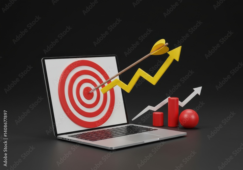 Poster laptop displaying target with arrow and upward trending graphs on a dark background render