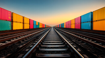 Obraz premium series of shipping containers loaded on railcars, stretching into the distance with a clear sky above