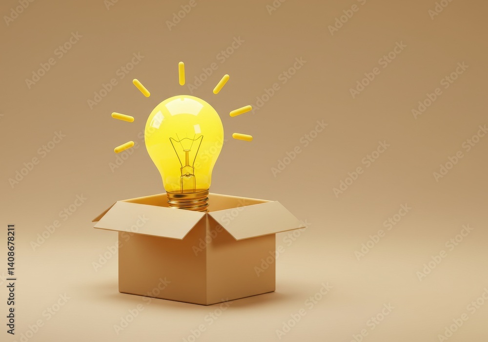 Poster a glowing lightbulb inside a cardboard box on a beige background with light rays around bulb