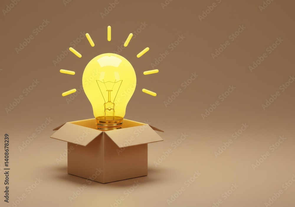 Poster a glowing lightbulb emerging from a cardboard box on a neutral background casting soft light around 