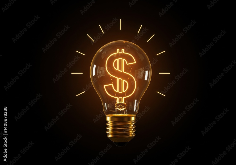 Poster a glowing lightbulb with a dollar sign inside on a dark background with light rays around it