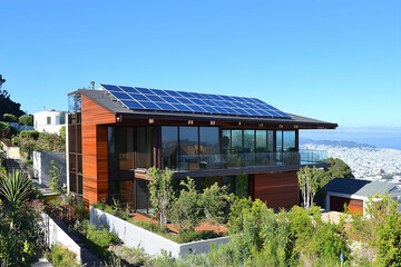 Obraz premium Modern Solar Panels Installed on a San Francisco Home Under Clear Blue Sunny Sky, Solar Photography, Solar Powered Clean Energy, Sustainable Resources, Electricity Source.