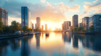 Naklejka premium Sunset cityscape, canal reflection, boats, modern buildings, urban tranquility, tourism