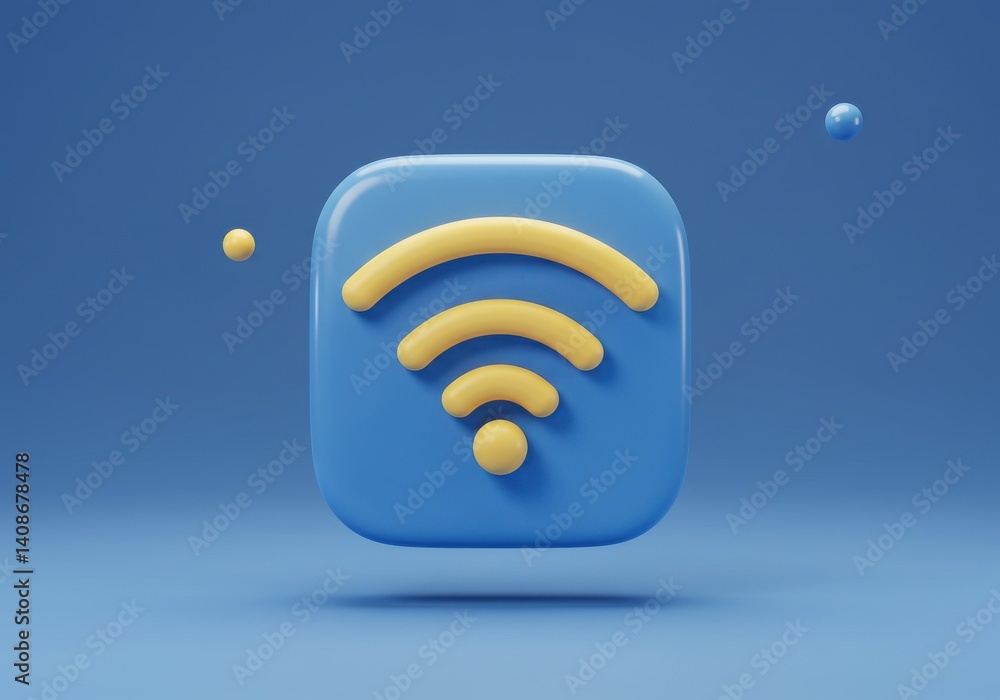 Poster a blue square with a yellow wifi symbol and floating spheres on a blue gradient background