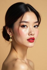 Fototapeta premium Elegant woman with Asian features wearing luxurious makeup and accessories on a beige background, beauty, elegance, luxury