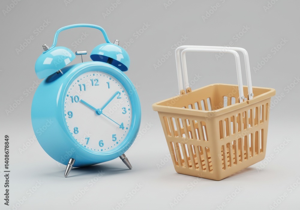 Poster a blue alarm clock and a tan shopping basket on a gray background in a studio setting scene render