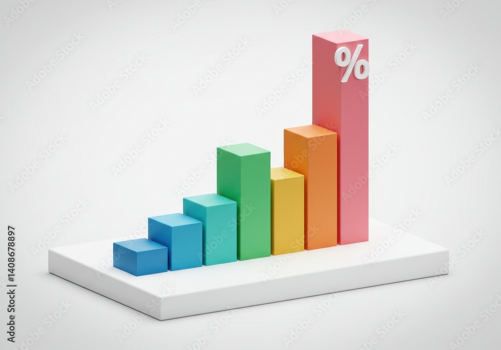 Poster a colorful bar graph with percentage sign on top of the tallest bar on a white surface plain backgro