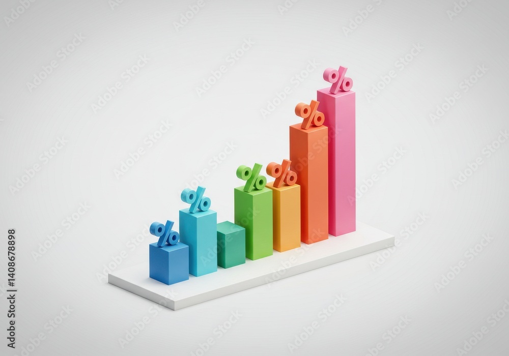 Poster a colorful percentage bar graph showing increasing values on a white surface in a studio shot