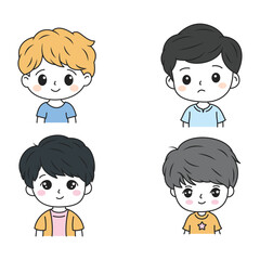 Set of Cute Little Boy Kid Cartoon Character Wearing Casual Clothes with Mood Expression