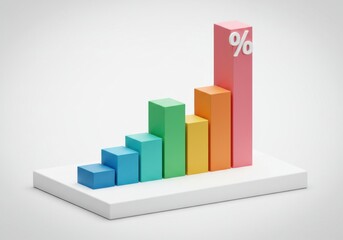 A colorful bar graph with percentage sign on top of the tallest bar on a white surface plain background