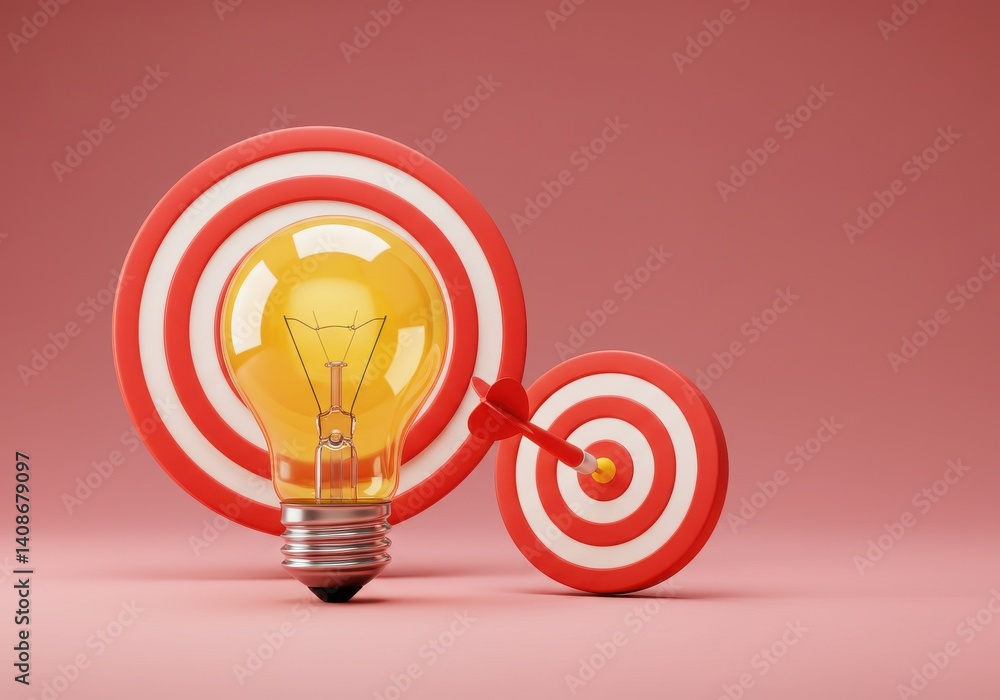 Poster a lightbulb in front of a target with a dart hitting another target on a pink background