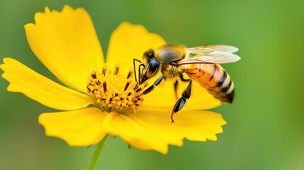 Close-up of bee pollinating bright yellow flower petals