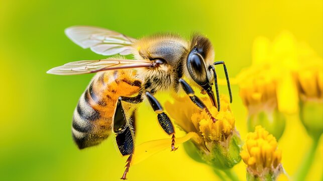 Close-up of honey bee on bright yellow flower bloom - Powered by Adobe