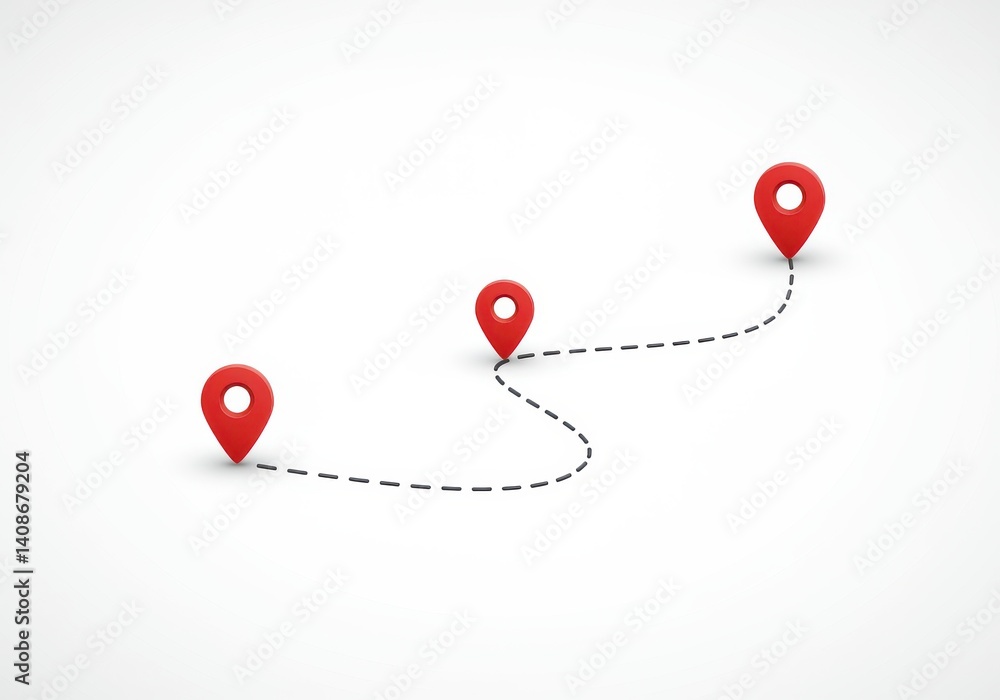 Poster three red location pins connected by a dashed line on a white background representing a journey map