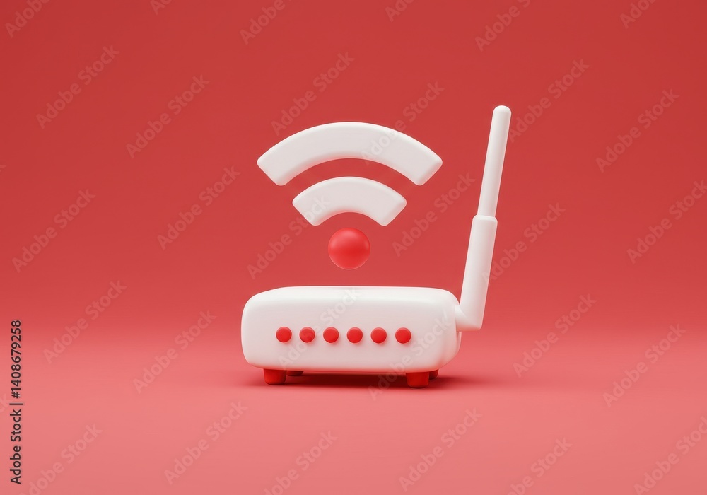 Poster white router with antenna and red dots on a red background in a studio shot close up view design