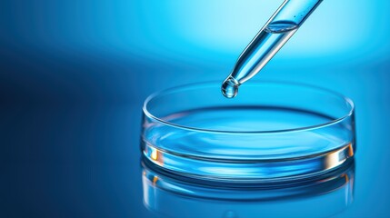 Drop of liquid on glass petri dish with blue background