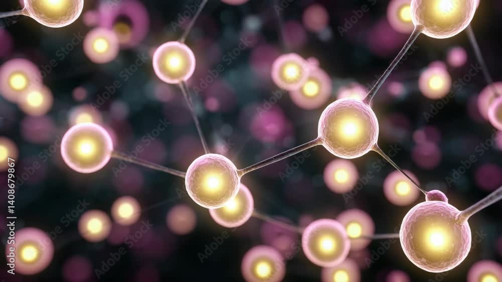 Poster abstract network of glowing spheres connected by thin lines against blurred background, symbolizing 