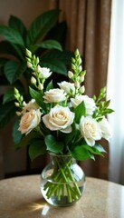 Floral arrangement with leafy greenery and white flowers in a luxurious hotel suite, hotel, arrangement