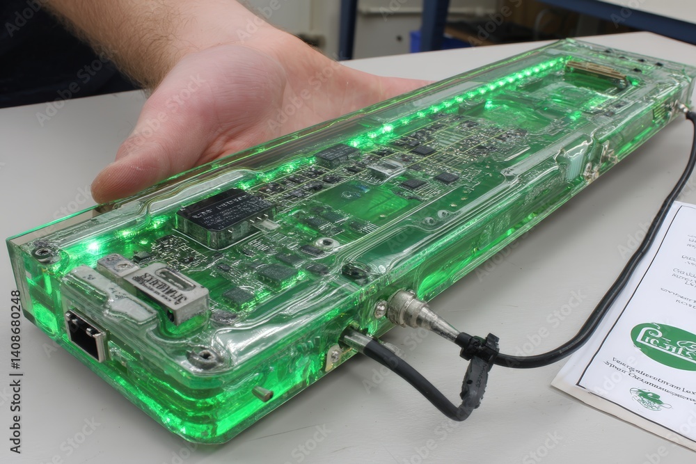 Poster explore innovative transparent circuit board displays at an indoor electronics workshop close-up eng