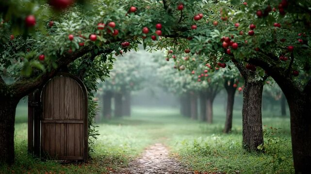 Mystical doorway at end of garden path lined with apple trees heavy with fruit, leading to a peaceful, misty landscape.