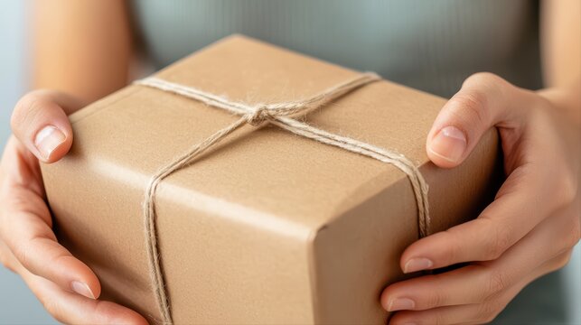 Wrapped brown package in hands with twine for delivery