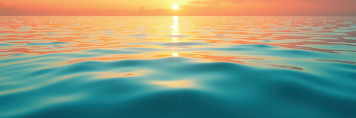 A tranquil ocean scene at sunset with gentle waves reflecting warm hues of orange and yellow light.