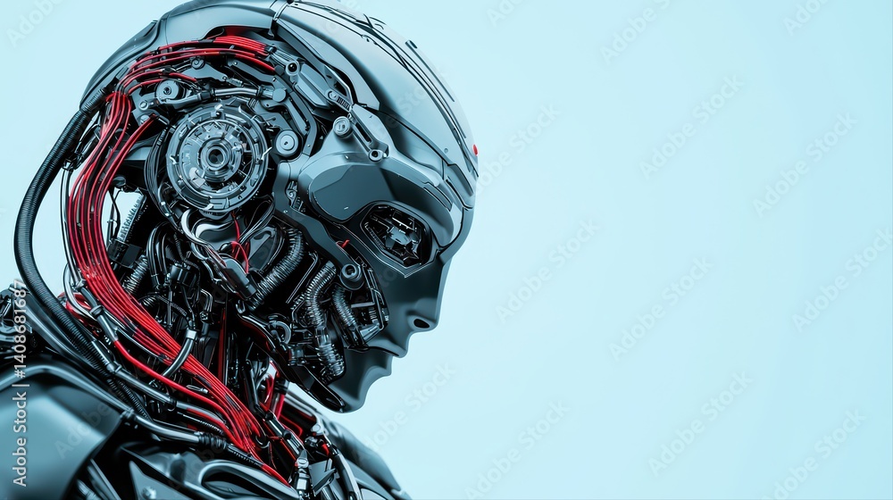 Poster futuristic robot profile with mechanical components and wires