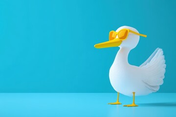 A white duck wearing yellow glasses sits playfully, showcasing its quirky style.