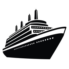 Obraz premium Black Silhouette of Large Cruise Ship with Tall Smokestacks on White Background